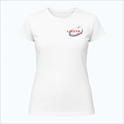 Camiseta com estampa frontal de logo estilizado com elemento circular e detalhes pontiagudos e estampa traseira de esfera central e orbitais entrelaçados.