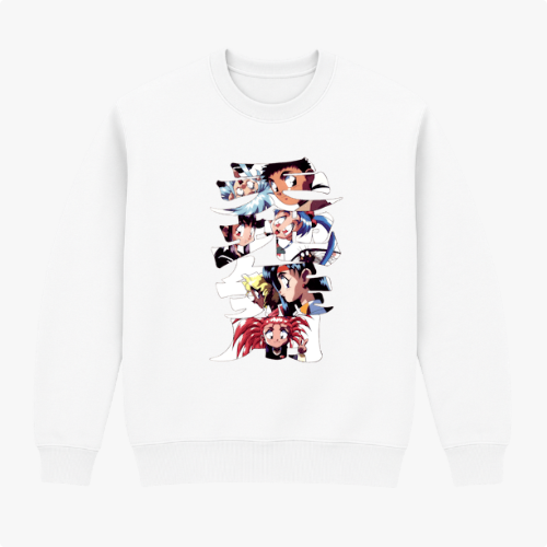 Moletom com estampa frontal de diversos personagens estilizados em sequências verticais sobrepostas, formando um conjunto dinâmico e expressivo.