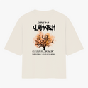 Camiseta com estampa frontal de texto estilizado "Vigia" e estampa traseira de árvore em chamas com inscrições "Exodus 3:14 Yahweh" e texto explicativo.