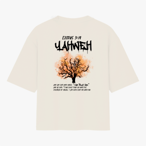Camiseta com estampa frontal de texto estilizado "Vigia" e estampa traseira de árvore em chamas com inscrições "Exodus 3:14 Yahweh" e texto explicativo.