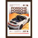 Quadro com estampa frontal de carro conversível com três logos "Porsche" sobrepostos, fundo degrade e texto "911 Carrera S Cabriolet 2019".
