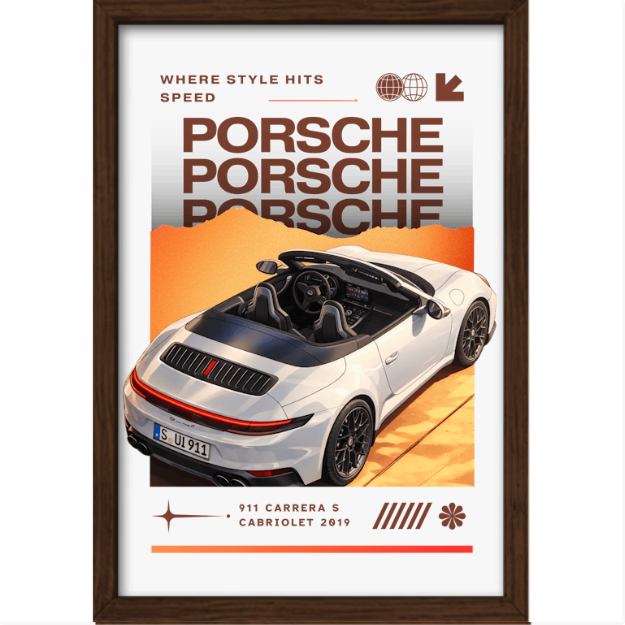 Quadro com estampa frontal de carro conversível com três logos "Porsche" sobrepostos, fundo degrade e texto "911 Carrera S Cabriolet 2019".