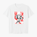 Camiseta com estampa frontal de personagem em estilo mangá, com detalhes de cabelo e olhos expressivos, em meio a formas geométricas dinâmicas.