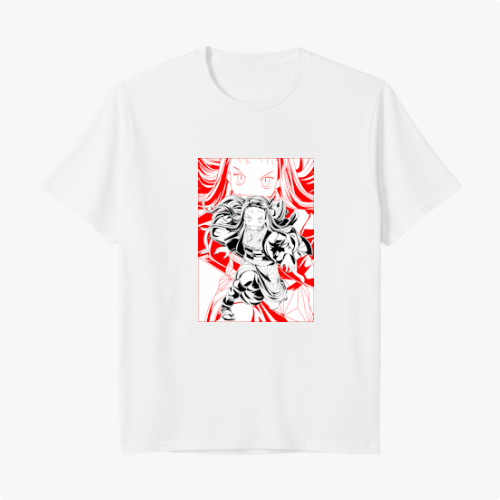 Camiseta com estampa frontal de personagem em estilo mangá, com detalhes de cabelo e olhos expressivos, em meio a formas geométricas dinâmicas.