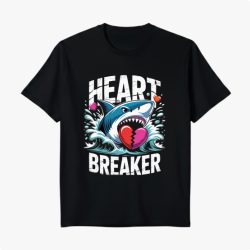 Camiseta com estampa frontal de tubarão sorridente segurando coração partido, rodeado por ondas e três corações menores, texto "Heart Breaker" ao redor.