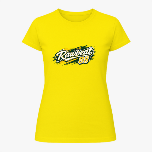 Camiseta com estampa frontal de "Rawbeat 88" em estilo esportivo dinâmico e estampa traseira de "Brasil 88" com mesmo estilo impactante.
