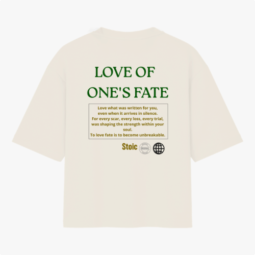 Camiseta com estampa frontal de "Stoic" em letras destacadas e estampa traseira com frase "Love of One's Fate" complementada por texto filosófico detalhado.