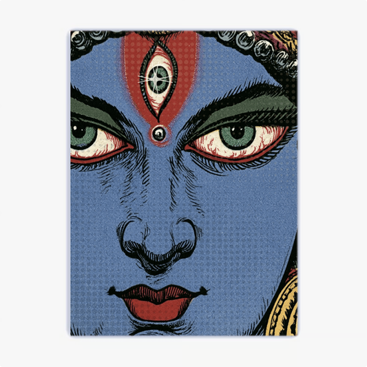 Quadro com estampa de rosto estilizado, apresentando feições marcantes, olhos expressivos, terceiro olho detalhado na testa e decoração elaborada.