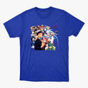 Camiseta com estampa frontal de diversos personagens de anime alinhados, exibindo expressões variadas, alguns com adereços únicos e poses dinâmicas.
