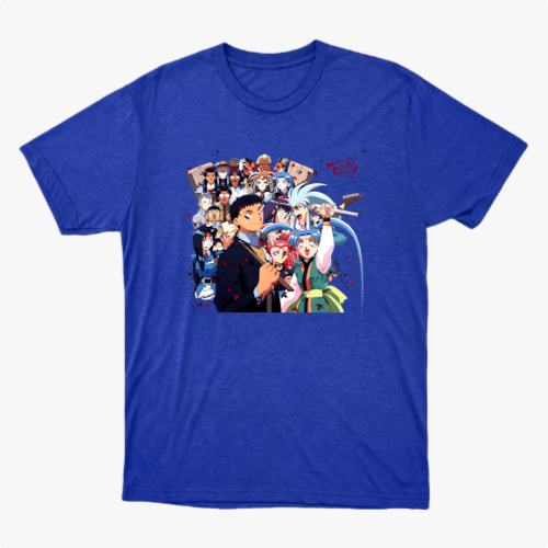 Camiseta com estampa frontal de diversos personagens de anime alinhados, exibindo expressões variadas, alguns com adereços únicos e poses dinâmicas.