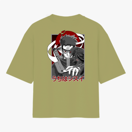Camiseta com estampa frontal de olho estilizado e texto "SHISUI" e estampa traseira de personagem com expressão intensa, fundo geométrico e escrita em japonês.