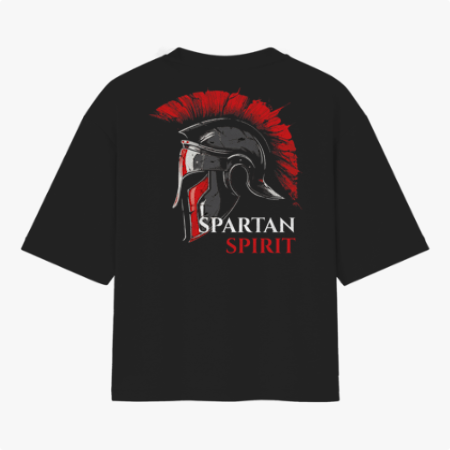 Camiseta com estampa frontal de capacete espartano com crista. Estampa traseira maior de capacete espartano, com texto "SPARTAN SPIRIT".