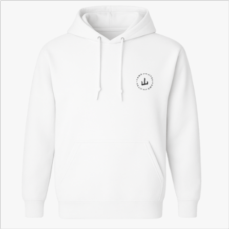 Moletom com estampa frontal de logo circular minimalista e estampa traseira de círculo maior envolvendo grafismo estilizado com texto ao redor.