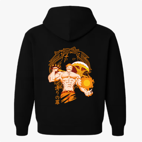 Moletom com estampa traseira de personagem musculoso segurando uma chama e uma espada, cercado por linhas estilizadas e símbolos orientais.