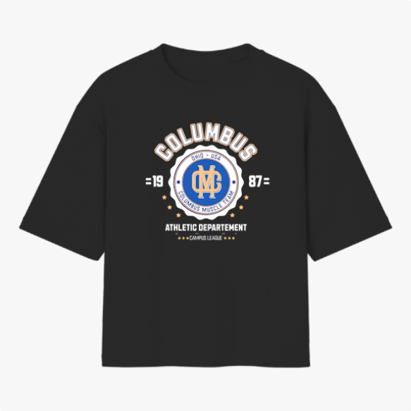 Camiseta com estampa frontal de "Columbus Ohio - USA" em estilo atlético, incluindo emblema central com "Muscle Team" cercado por estrelas e texto adicional.