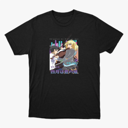 Camiseta com estampa frontal de dois personagens estilo anime, um rapaz e uma moça, acompanhados de instrumentos musicais e elementos urbanos ao fundo.