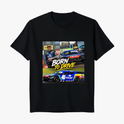 Camiseta com estampa frontal de montagens automotivas, incluindo um carro de corrida, um piloto ao lado e as palavras "Born to Drive" em destaque.