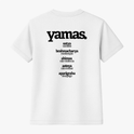 Camiseta com estampa frontal de "brahmacharya. energia consciente" e estampa traseira de "yamas." seguida de palavras como satya, ahimsa, asteya e aparigraha.