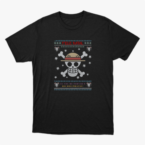 Camiseta com estampa frontal de caveira estilizada com chapéu, ossos cruzados, flocos de neve, pequenos crânios e a frase "Feliz Natal" acima.