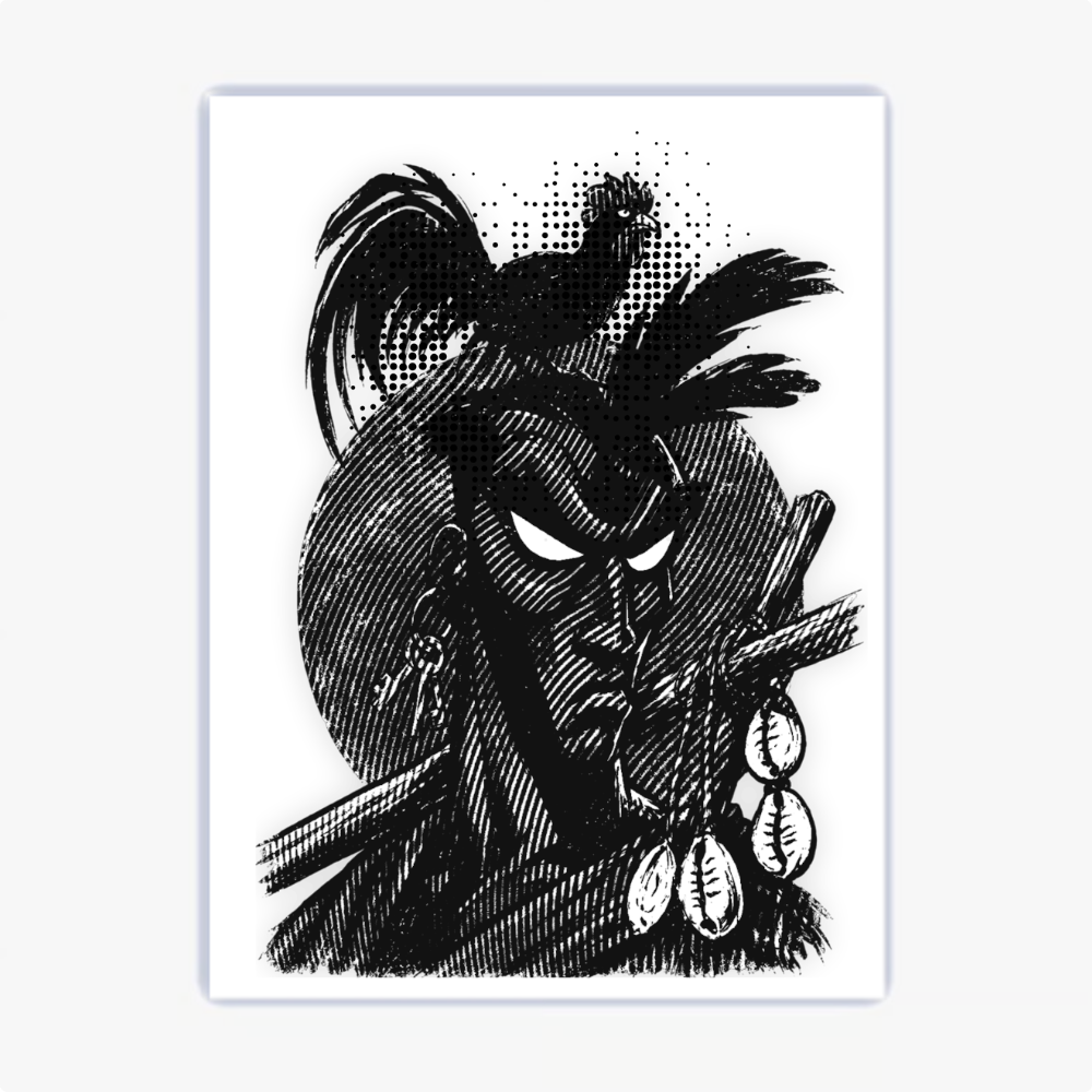 Quadro com estampa frontal de um rosto expressivo estilizado em traços marcantes, adornado com colares e um pássaro esvoaçante no topo.
