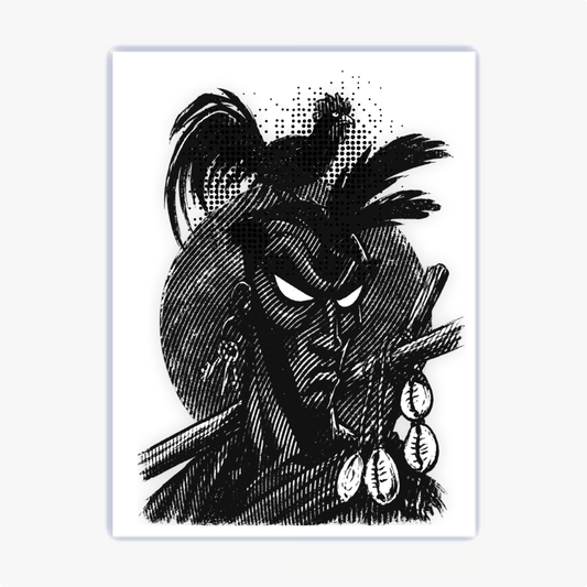Quadro com estampa frontal de um rosto expressivo estilizado em traços marcantes, adornado com colares e um pássaro esvoaçante no topo.