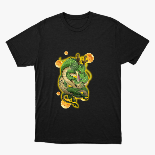 Camiseta com estampa frontal de dragão verde com detalhes intricados, rodeado por esferas luminosas e brilhantes em uma composição dinâmica e chamativa.