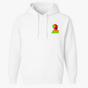 Moletom com estampa frontal de busto em perfil com efeito de distorção colorida e estampa traseira de silhueta sobre fundo multicolorido com linhas horizontais.