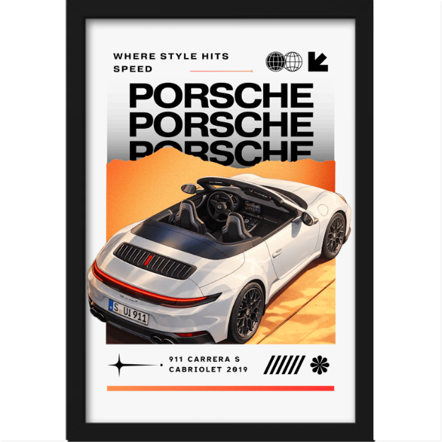 Quadro com estampa frontal de carro conversível com três logos "Porsche" sobrepostos, fundo degrade e texto "911 Carrera S Cabriolet 2019".