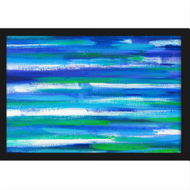 Quadro com estampa frontal de pinceladas horizontais em tons diversos, variando entre matizes claras e escuras, criando um efeito dinâmico e fluido.