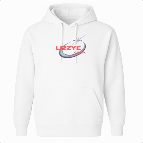Moletom com estampa frontal de logotipo contendo a palavra "LIZZYE" em fonte moderna, sobre um desenho estilizado de órbita com estrela pontiaguda.