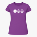 Camiseta com estampa frontal de três círculos vermelhos, exibindo padrões diferenciados: um com ponto central, outro listrado e um com linhas horizontais.