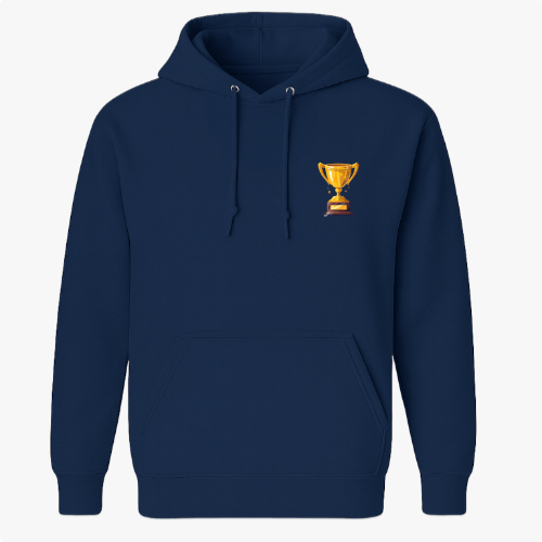 Moletom com estampa frontal de troféu dourado pequeno e estampa traseira de grande troféu dourado com texto em destaque abaixo da imagem.