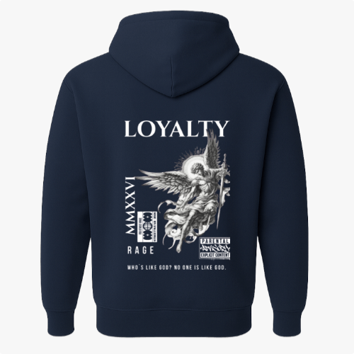 Moletom com estampa frontal de pequeno desenho de dragão e estampa traseira de anjo com espada, textos "LOYALTY" e mensagens adicionais.
