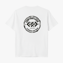 Camiseta com estampa frontal de "Contrafluxo" e flechas estilizadas, e estampa traseira circular com "Contrafluxo", flechas e "Comida de Rua - Desde 2026".