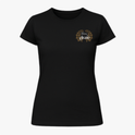 Camiseta com estampa frontal de "Filha do Agro" rodeada por folhas douradas e estampa traseira similar com o texto adicional "O campo é meu lugar".