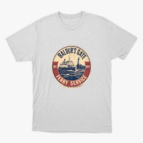 Camiseta com estampa frontal de um emblema circular apresentando um ferry estilizado, com inscrições que indicam "Baldur's Gate Ferry Service" e datas.