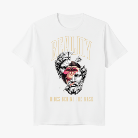 Camiseta com estampa frontal de máscara teatral rachada revelando um rosto de macaco com bandana vermelha, acompanhada pelas frases "Reality" e "Hides Behind The Mask".