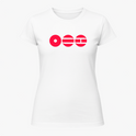 Camiseta com estampa frontal de três círculos vermelhos, exibindo padrões diferenciados: um com ponto central, outro listrado e um com linhas horizontais.