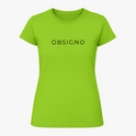 Camiseta com estampa frontal de texto minimalista apresentando a palavra "OBSIGNO" em um estilo simples e moderno.