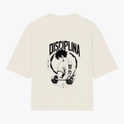 Moletom com estampa frontal de personagem musculoso levantando pesos grandes, cercado por detalhes abstratos e a palavra "DISCIPLINA" em destaque acima.