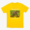 Camiseta com estampa frontal de polvo musculoso levantando pesos, rodeado por estrelas e letras, complementado por uma mensagem motivacional em inglês.