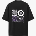 Camiseta com estampa frontal de logo e texto do Instituto Federal Campus Caruaru e estampa traseira de engrenagem, texto "Mecatrônica IFPE" e elementos gráficos.