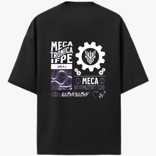 Camiseta com estampa frontal de logo e texto do Instituto Federal Campus Caruaru e estampa traseira de engrenagem, texto "Mecatrônica IFPE" e elementos gráficos.