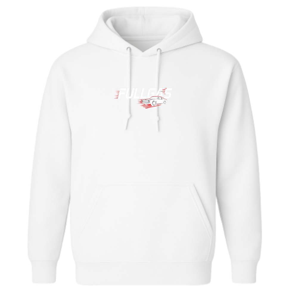 Moletom com estampa frontal de um carro estilizado em movimento, acompanhado pela palavra "FULLGAS" em letras dinâmicas com efeito de velocidade.