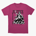 Camiseta com estampa frontal de deidade mitológica segurando um tridente sobre ondas, acompanhada das palavras "Justice", "Train Bodybuilder" e outros textos decorativos.