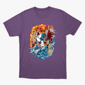 Camiseta com estampa frontal de máscara kitsune centralizada entre chamas e ondas, com kanjis japoneses e detalhes intricados de movimento e textura.