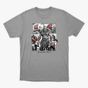 Camiseta com estampa frontal de guerreiro musculoso em quadrantes, com navio, homem barbudo, escudo e machado ao fundo, com texto inferior "Thron Bodybuilder".