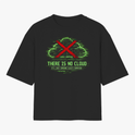 Camiseta com estampa frontal de uma nuvem pixelada em estilo digital cruzada por um X vermelho, acompanhada da frase "THERE IS NO CLOUD It's just someone else's computer".