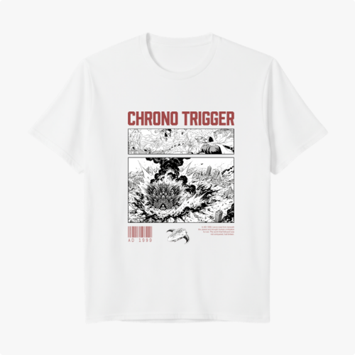Camiseta com estampa frontal de três quadros estilo mangá repletos de detalhes dramáticos, incluindo um impacto explosivo e o título "Chrono Trigger" em destaque.