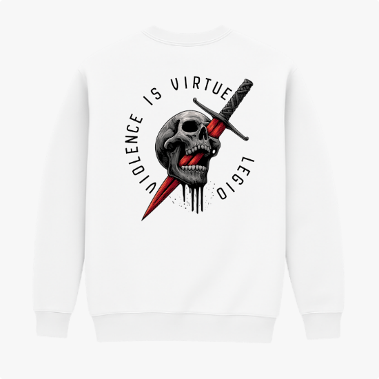 Moletom com estampa frontal de "Violence is Virtue Legio" em texto e estampa traseira de crânio perfurado por espada, texto circundante "Violence is Virtue Legio".